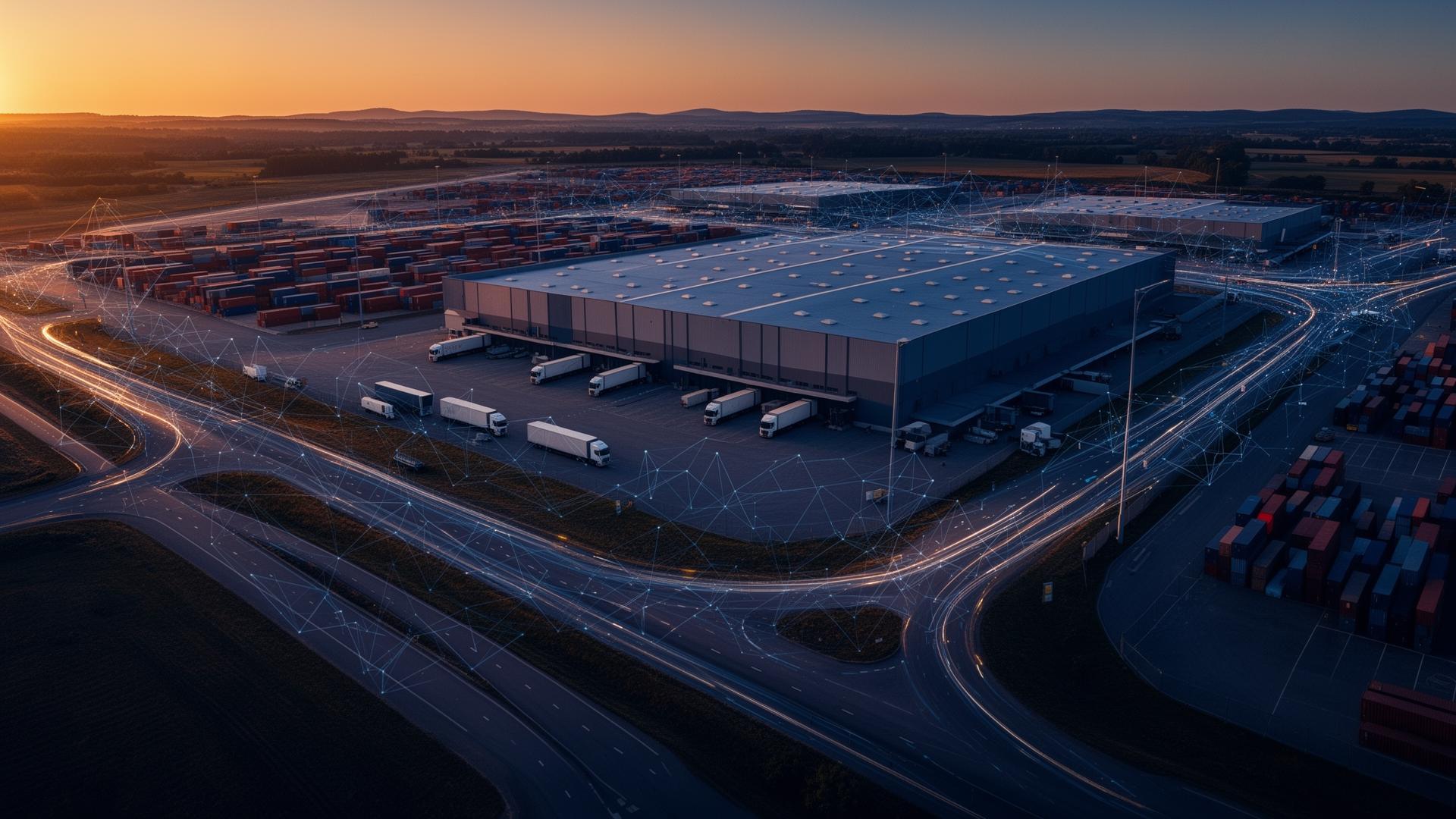 Supply Chain & Logistics Consulting in Saudi Arabia - connected warehouse, logistics hub, and transportation network